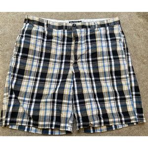 Ralph Lauren CHAPs  Black/Khaki Plaid Flat Front 100% Cotton Shorts 36